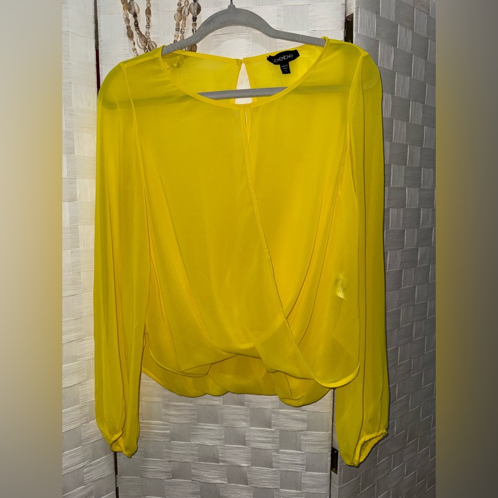 Bebe Yellow Sheer Mesh Blouse Open Back Long Sleeve XS Sexy Layering Top